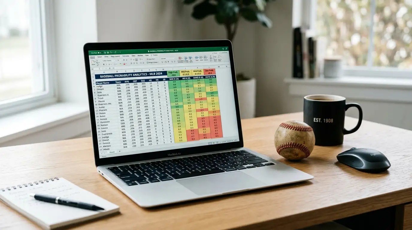 Spreadsheet on a laptop screen with baseball statistics columns and a colour-coded probability output