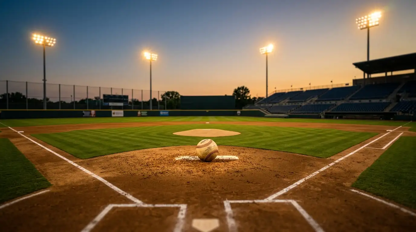 Baseball betting slip next to a glowing diamond field under stadium floodlights at dusk