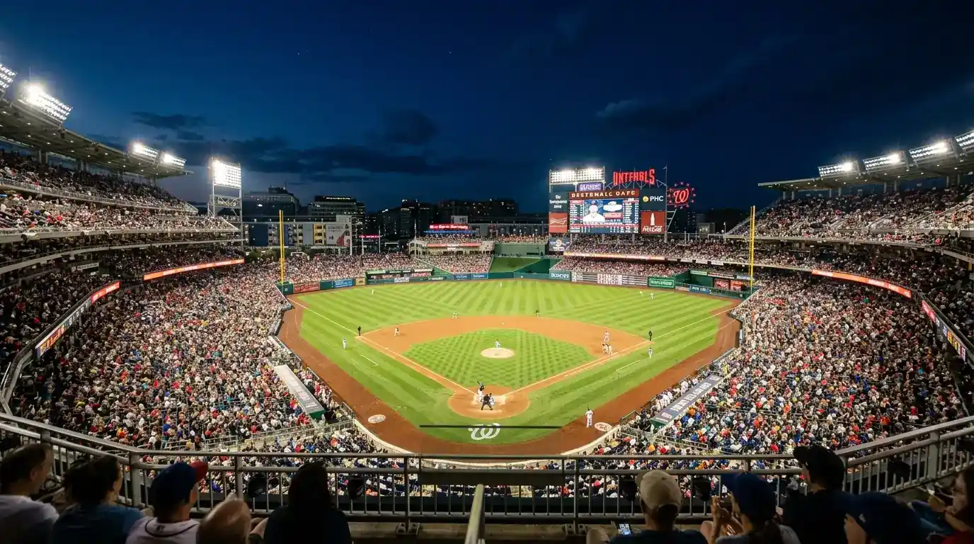 Night baseball game in progress with a packed stadium and the scoreboard glowing behind home plate